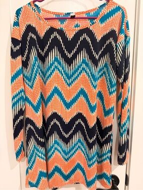 R. Rouge Coral, Teal & Black Printed Chevron Blouse Aztec Native USA Colorful
